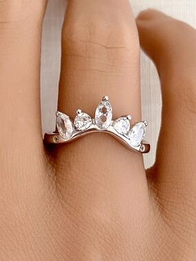 Sterling Silver Oval and Round CZ Curved Band Tiara Crown Stacking Women’s Ring